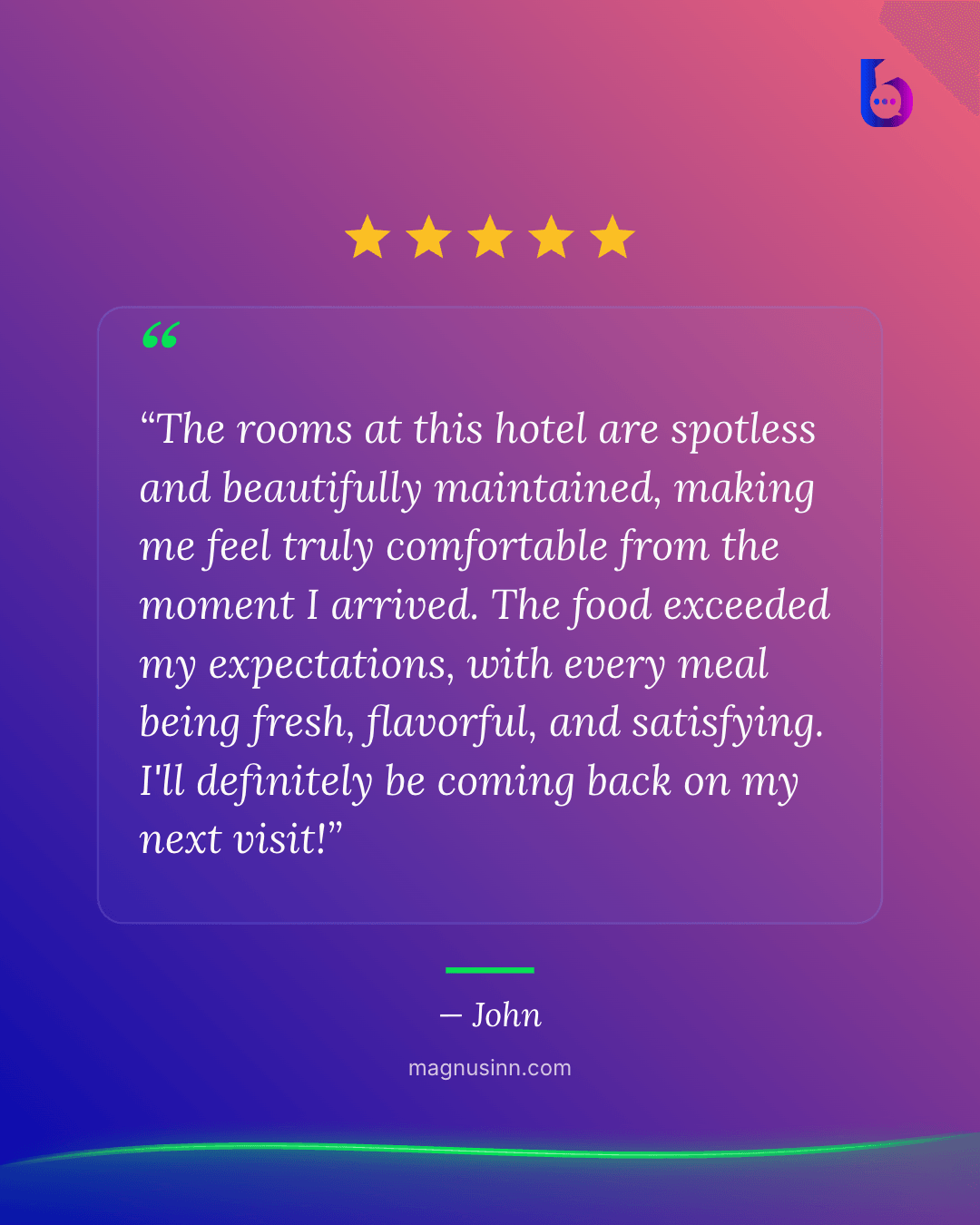 A Beautimonial social card in a sunset gradient theme, using green as an independent accent for the quote mark and divider.
