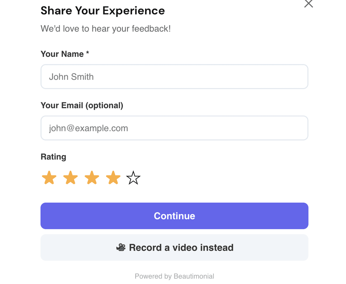 The Beautimonial review form with name, email, and star rating fields, a Continue button, and a 'Record a video instead' option below it.