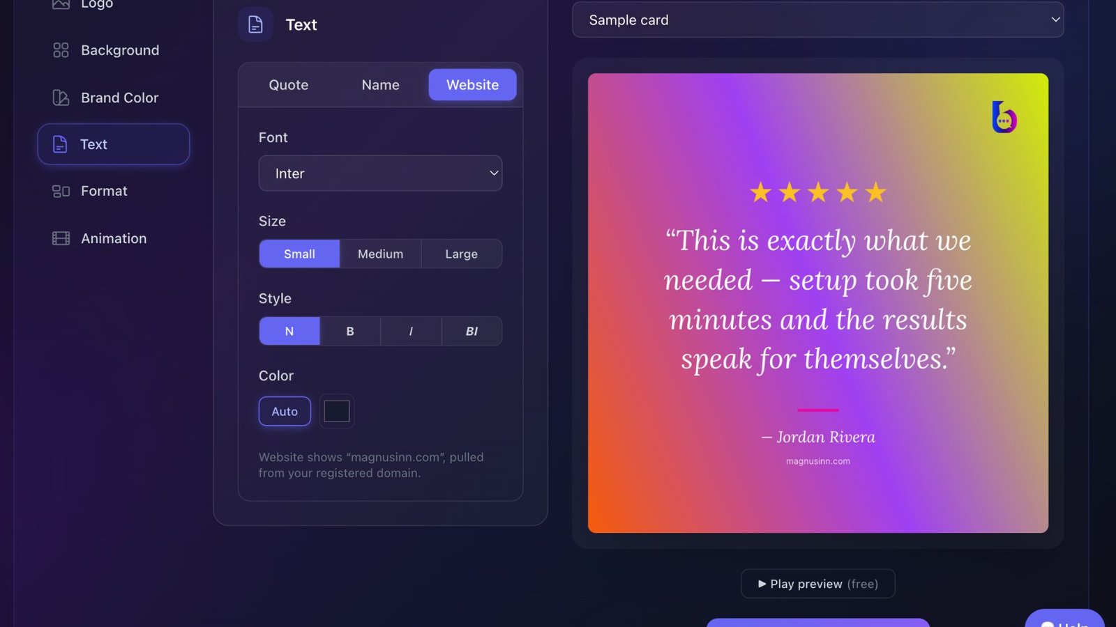 The Beautimonial Brand Kit editor styling a testimonial into a branded social media card.