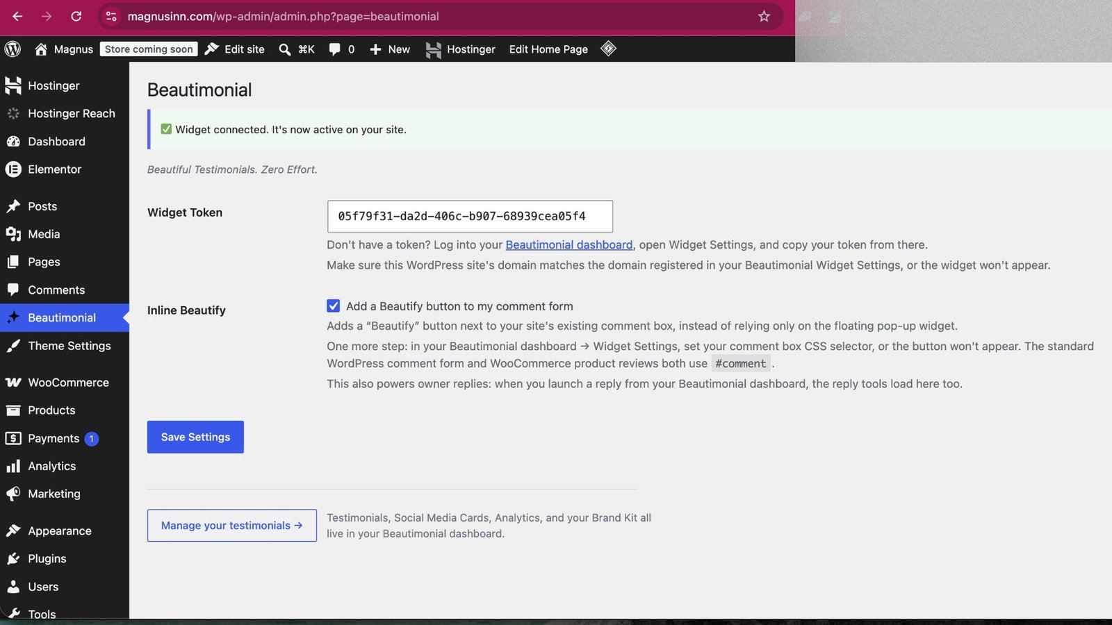 The Beautimonial settings screen inside WordPress admin, where you paste your widget token.