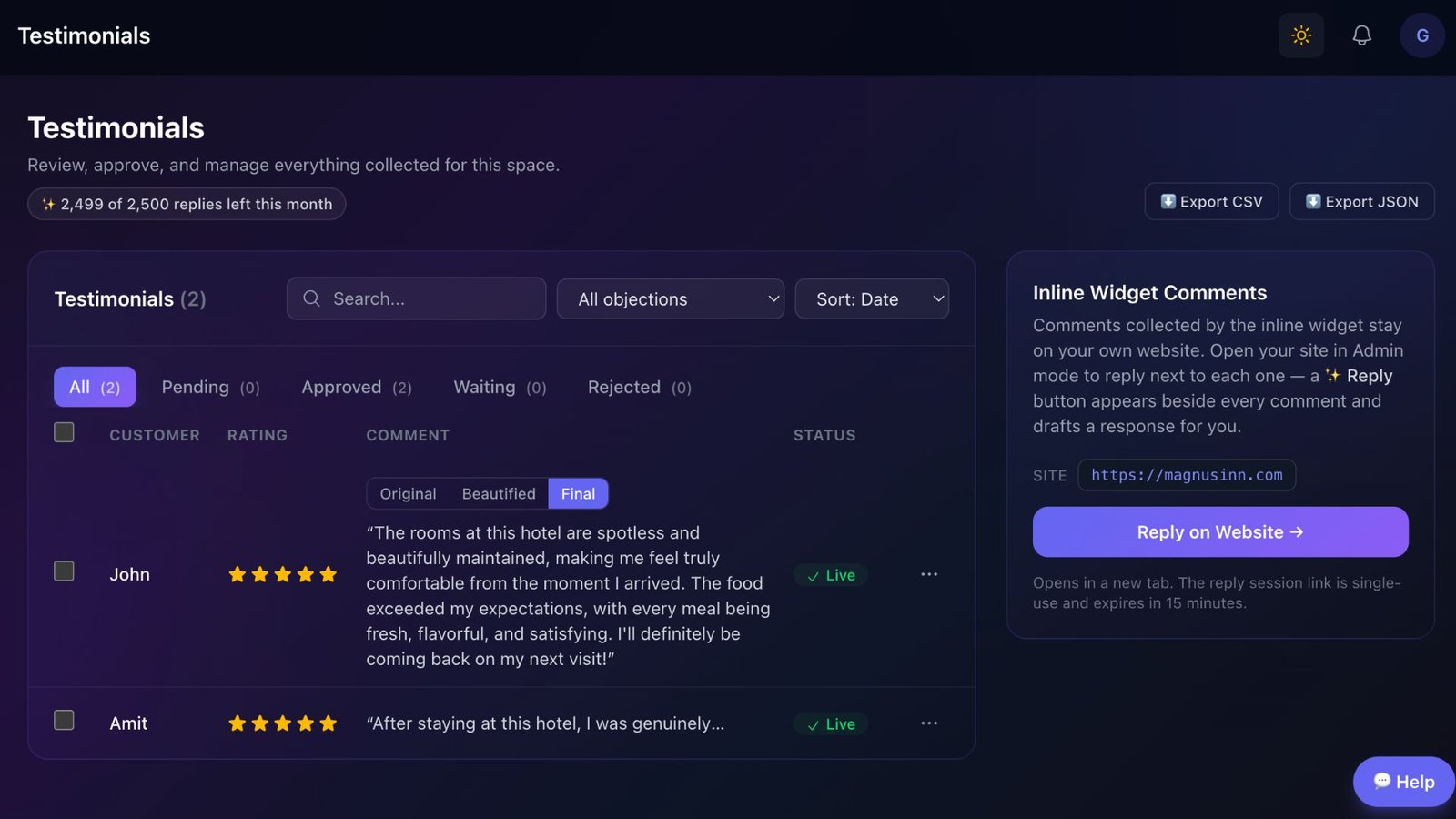 The Beautimonial dashboard testimonials queue, showing original, beautified and final versions.